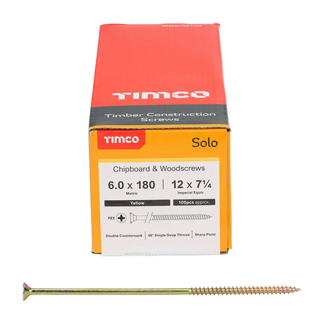 This is an image showing TIMCO Solo Woodscrews - PZ - Double Countersunk - Yellow - 6.0 x 180 - 100 Pieces Box available from T.H Wiggans Ironmongery in Kendal, quick delivery at discounted prices.