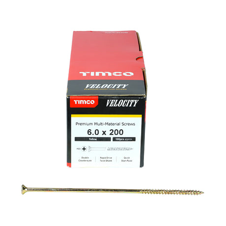 This is an image showing TIMCO Velocity Premium Multi-Use Screws - PZ - Double Countersunk - Yellow
 - 6.0 x 200 - 100 Pieces Box available from T.H Wiggans Ironmongery in Kendal, quick delivery at discounted prices.