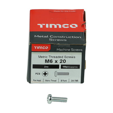 This is an image showing TIMCO Metric Threaded Machine Screws - PZ - Pan Head - Zinc - M6 x 20 - 100 Pieces Box available from T.H Wiggans Ironmongery in Kendal, quick delivery at discounted prices.