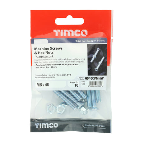 This is an image showing TIMCO Machine Screws - PZ - Countersunk & Hex Nuts - Zinc - M6 x 40 - 10 Pieces TIMpac available from T.H Wiggans Ironmongery in Kendal, quick delivery at discounted prices.