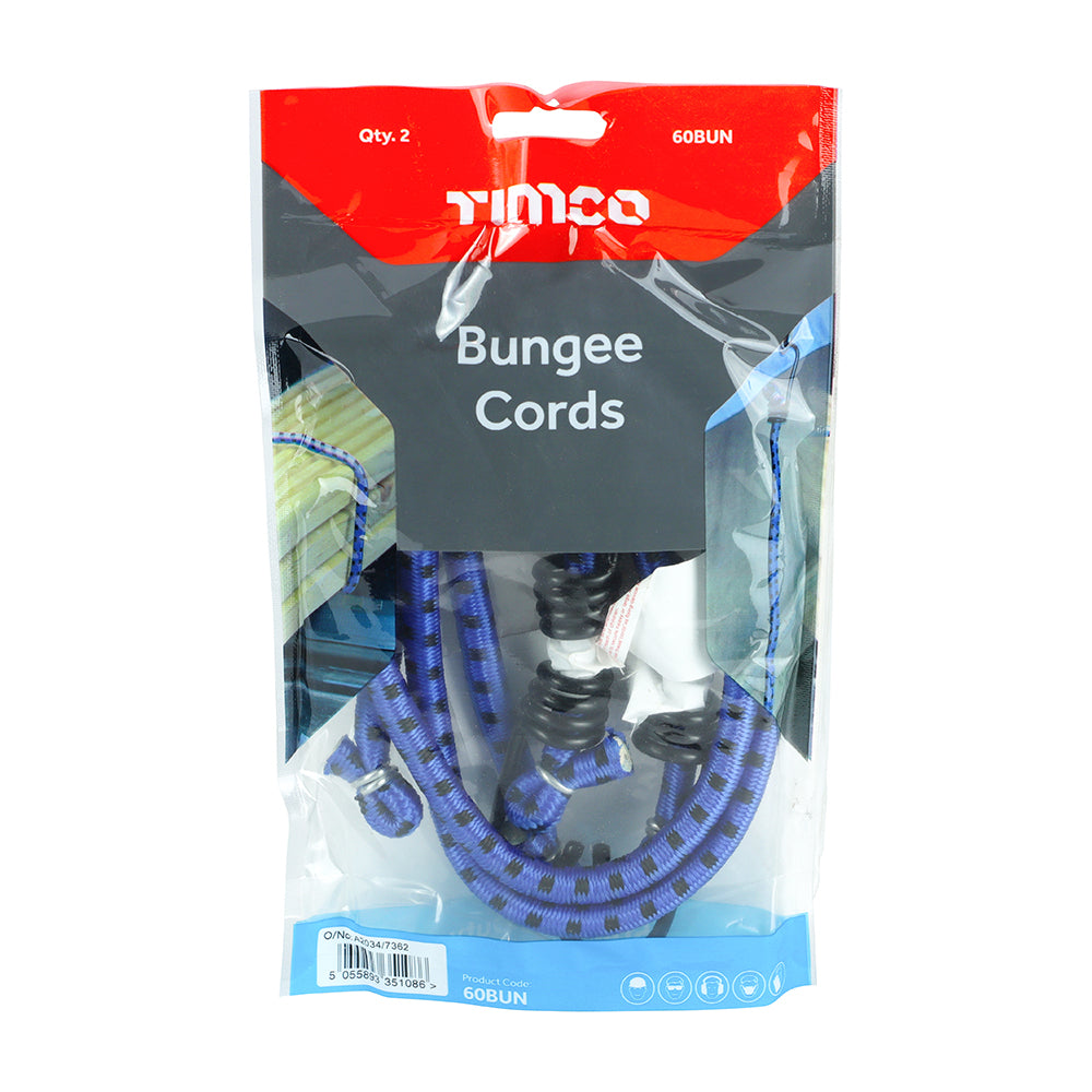 This is an image showing TIMCO Bungee Cords - Standard Duty - Dia.8mm x 60cm - 2 Pieces Bag available from T.H Wiggans Ironmongery in Kendal, quick delivery at discounted prices.