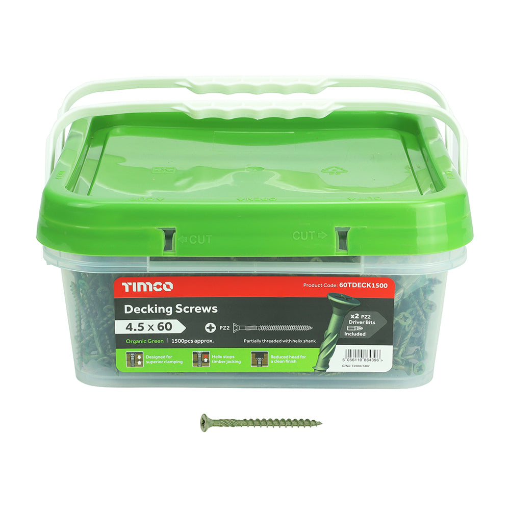 This is an image showing TIMCO Decking Screws - PZ - Double Countersunk - Exterior - Green - 4.5 x 60 - 1500 Pieces Tub available from T.H Wiggans Ironmongery in Kendal, quick delivery at discounted prices.