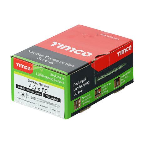 This is an image showing TIMCO Decking Screws - PZ - Double Countersunk - Exterior - Green - 4.5 x 60 - 200 Pieces Box available from T.H Wiggans Ironmongery in Kendal, quick delivery at discounted prices.