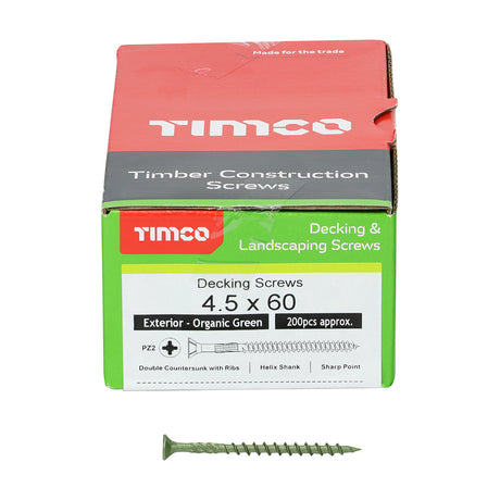 This is an image showing TIMCO Decking Screws - PZ - Double Countersunk - Exterior - Green - 4.5 x 60 - 200 Pieces Box available from T.H Wiggans Ironmongery in Kendal, quick delivery at discounted prices.