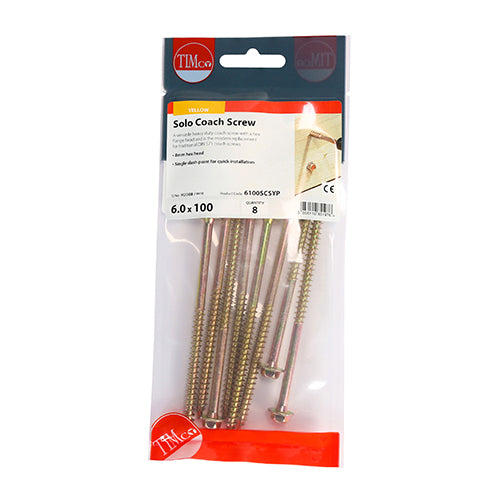 This is an image showing TIMCO Solo Coach Screws - Hex Flange - Yellow - 6.0 x 100 - 8 Pieces TIMpac available from T.H Wiggans Ironmongery in Kendal, quick delivery at discounted prices.