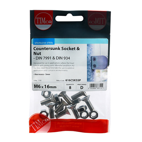 This is an image showing TIMCO Socket Screws & Hex Nuts - Countersunk - Stainless Steel - M6 x 16 - 8 Pieces TIMpac available from T.H Wiggans Ironmongery in Kendal, quick delivery at discounted prices.