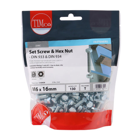 This is an image showing TIMCO Set Screws & Hex Nuts - Grade 8.8 - Zinc - M6 x 16 - 130 Pieces TIMbag available from T.H Wiggans Ironmongery in Kendal, quick delivery at discounted prices.