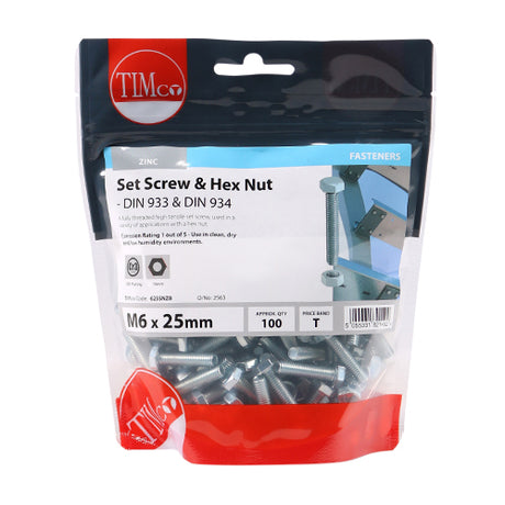 This is an image showing TIMCO Set Screws & Hex Nuts - Grade 8.8 - Zinc - M6 x 25 - 100 Pieces TIMbag available from T.H Wiggans Ironmongery in Kendal, quick delivery at discounted prices.