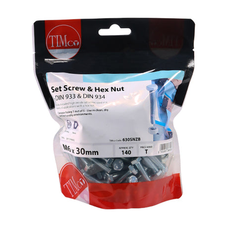 This is an image showing TIMCO Set Screws & Hex Nuts - Grade 8.8 - Zinc - M6 x 30 - 140 Pieces TIMbag available from T.H Wiggans Ironmongery in Kendal, quick delivery at discounted prices.