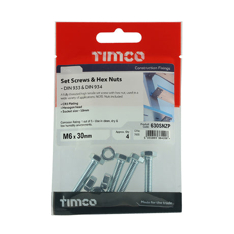 This is an image showing TIMCO Set Screws & Hex Nuts - Grade 8.8 - Zinc - M6 x 30 - 4 Pieces TIMpac available from T.H Wiggans Ironmongery in Kendal, quick delivery at discounted prices.