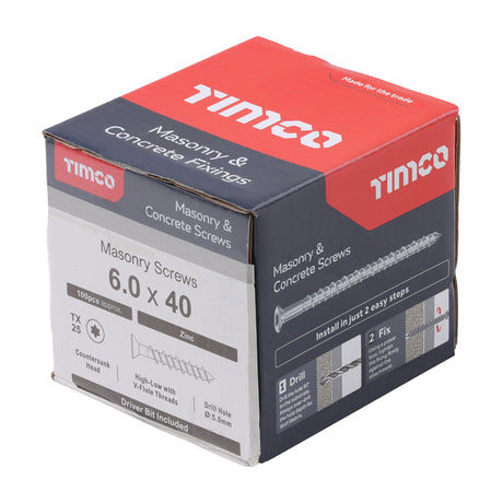 This is an image showing TIMCO Masonry Screws - TX - Countersunk - Zinc - 6.0 x 40 - 100 Pieces Box available from T.H Wiggans Ironmongery in Kendal, quick delivery at discounted prices.