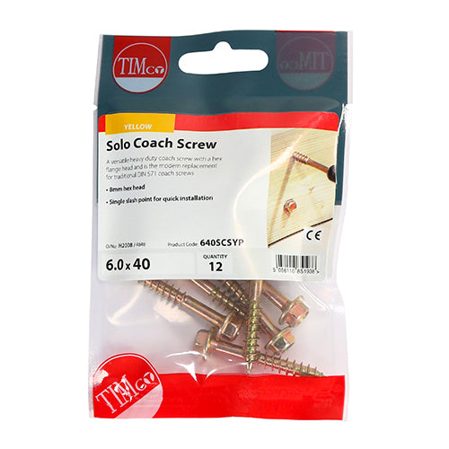 This is an image showing TIMCO Solo Coach Screws - Hex Flange - Yellow - 6.0 x 40 - 12 Pieces TIMpac available from T.H Wiggans Ironmongery in Kendal, quick delivery at discounted prices.