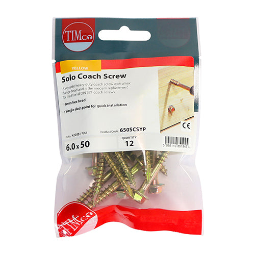 This is an image showing TIMCO Solo Coach Screws - Hex Flange - Yellow - 6.0 x 50 - 12 Pieces TIMpac available from T.H Wiggans Ironmongery in Kendal, quick delivery at discounted prices.