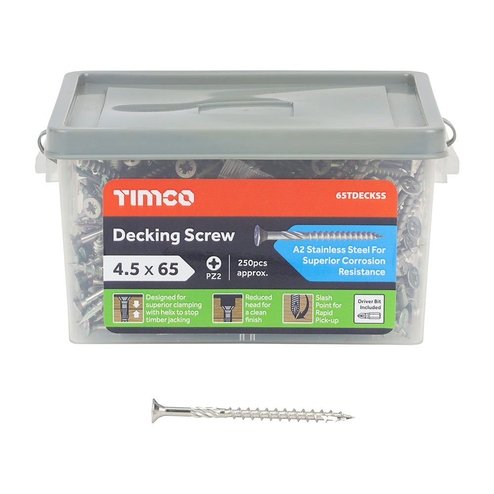 This is an image showing TIMCO Decking Screws - PZ - Double Countersunk - Stainless Steel - 4.5 x 65 - 250 Pieces Tub available from T.H Wiggans Ironmongery in Kendal, quick delivery at discounted prices.