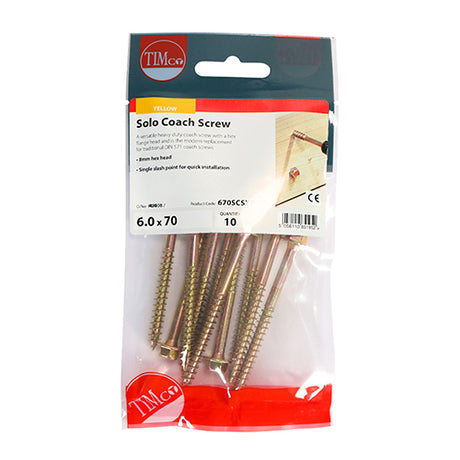 This is an image showing TIMCO Solo Coach Screws - Hex Flange - Yellow - 6.0 x 70 - 10 Pieces TIMpac available from T.H Wiggans Ironmongery in Kendal, quick delivery at discounted prices.