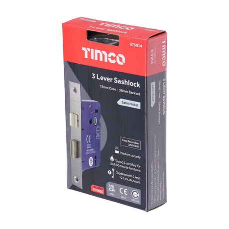 This is an image showing TIMCO 3 Lever Sashlock - Satin Nickel - 78 case / 58 backset - 1 Each Box available from T.H Wiggans Ironmongery in Kendal, quick delivery at discounted prices.