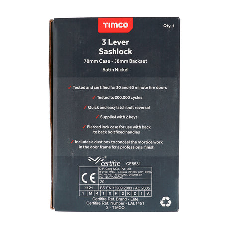 This is an image showing TIMCO 3 Lever Sashlock - Satin Nickel - 78 case / 58 backset - 1 Each Box available from T.H Wiggans Ironmongery in Kendal, quick delivery at discounted prices.