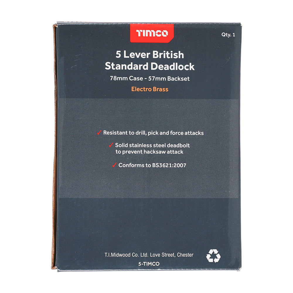 This is an image showing TIMCO 5 Lever British Standard Deadlock - Electro Brass - 78 case / 57 backset - 1 Each Box available from T.H Wiggans Ironmongery in Kendal, quick delivery at discounted prices.