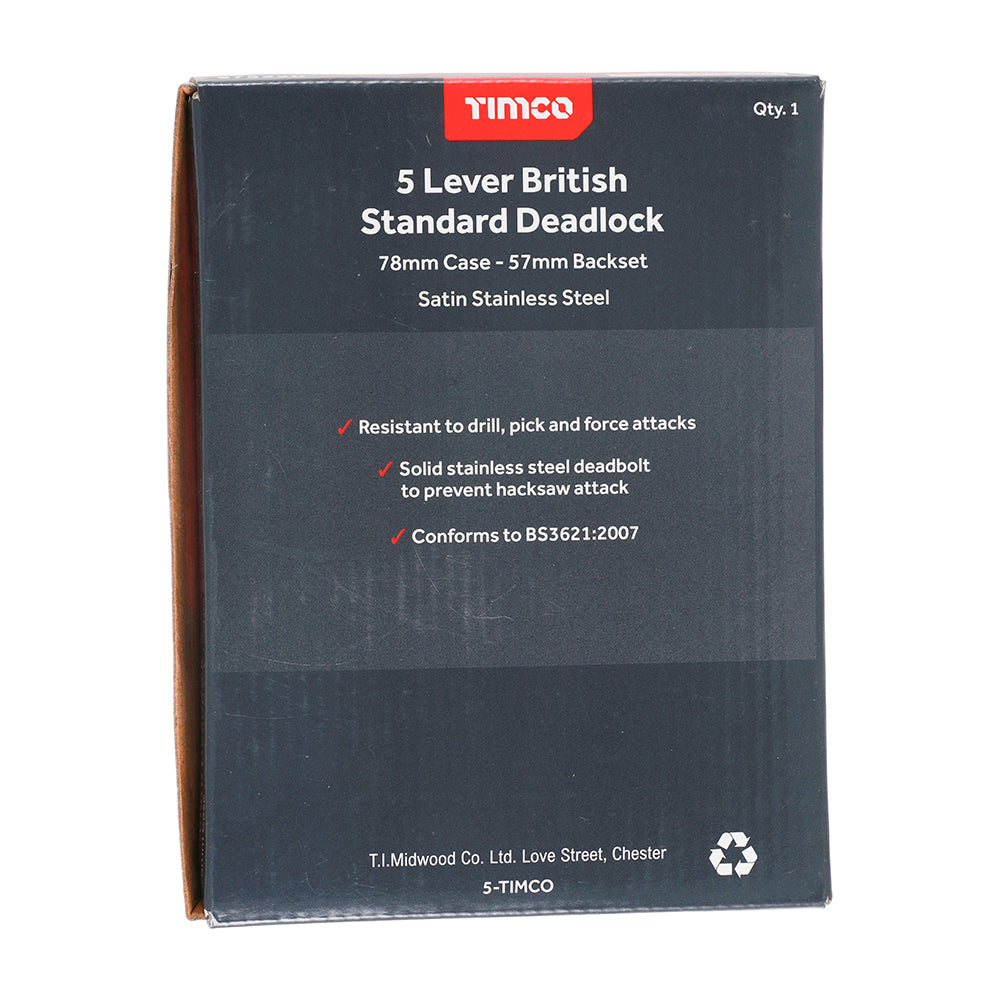 This is an image showing TIMCO 5 Lever British Standard Deadlock - Stainless Steel - Satin - 78 case / 57 backset - 1 Each Box available from T.H Wiggans Ironmongery in Kendal, quick delivery at discounted prices.