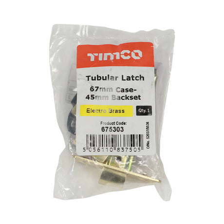 This is an image showing TIMCO Tubular Latch - Electro Brass - 67 case / 45 backset - 1 Each Plain Bag available from T.H Wiggans Ironmongery in Kendal, quick delivery at discounted prices.