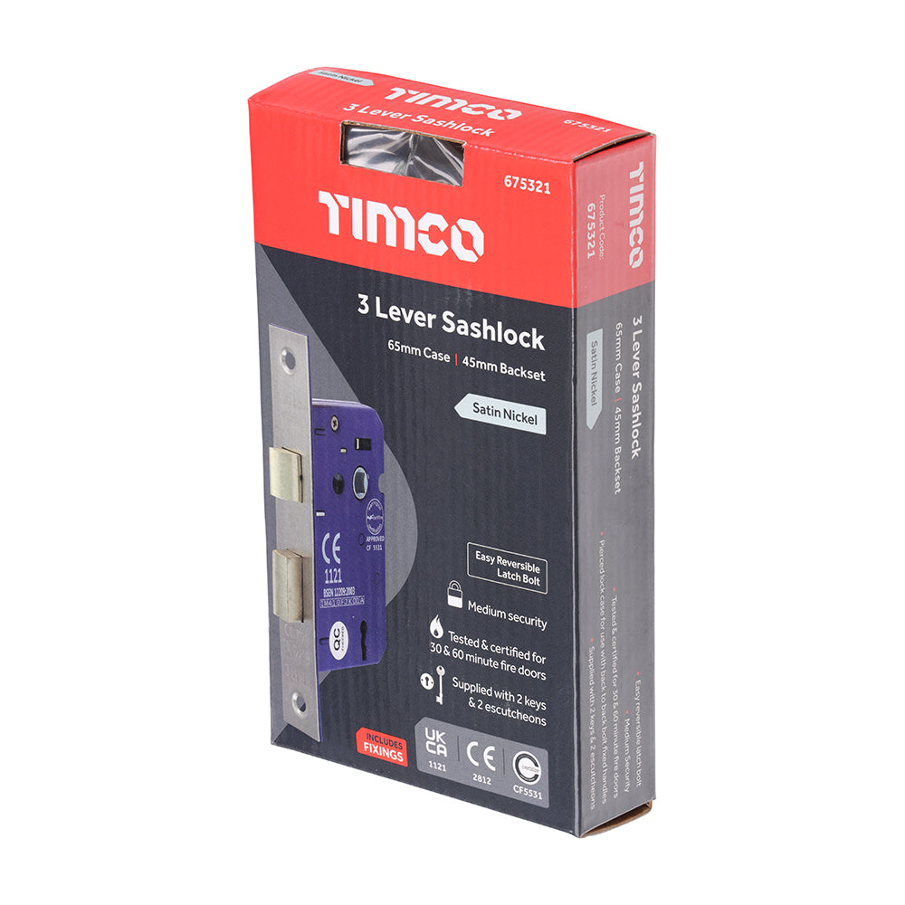 This is an image showing TIMCO 3 Lever Sashlock - Satin Nickel - 65 case / 45 backset - 1 Each Box available from T.H Wiggans Ironmongery in Kendal, quick delivery at discounted prices.