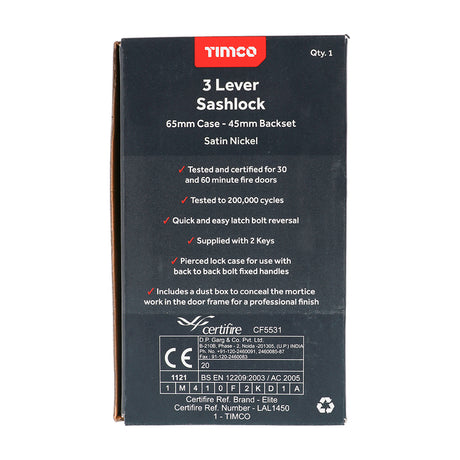 This is an image showing TIMCO 3 Lever Sashlock - Satin Nickel - 65 case / 45 backset - 1 Each Box available from T.H Wiggans Ironmongery in Kendal, quick delivery at discounted prices.