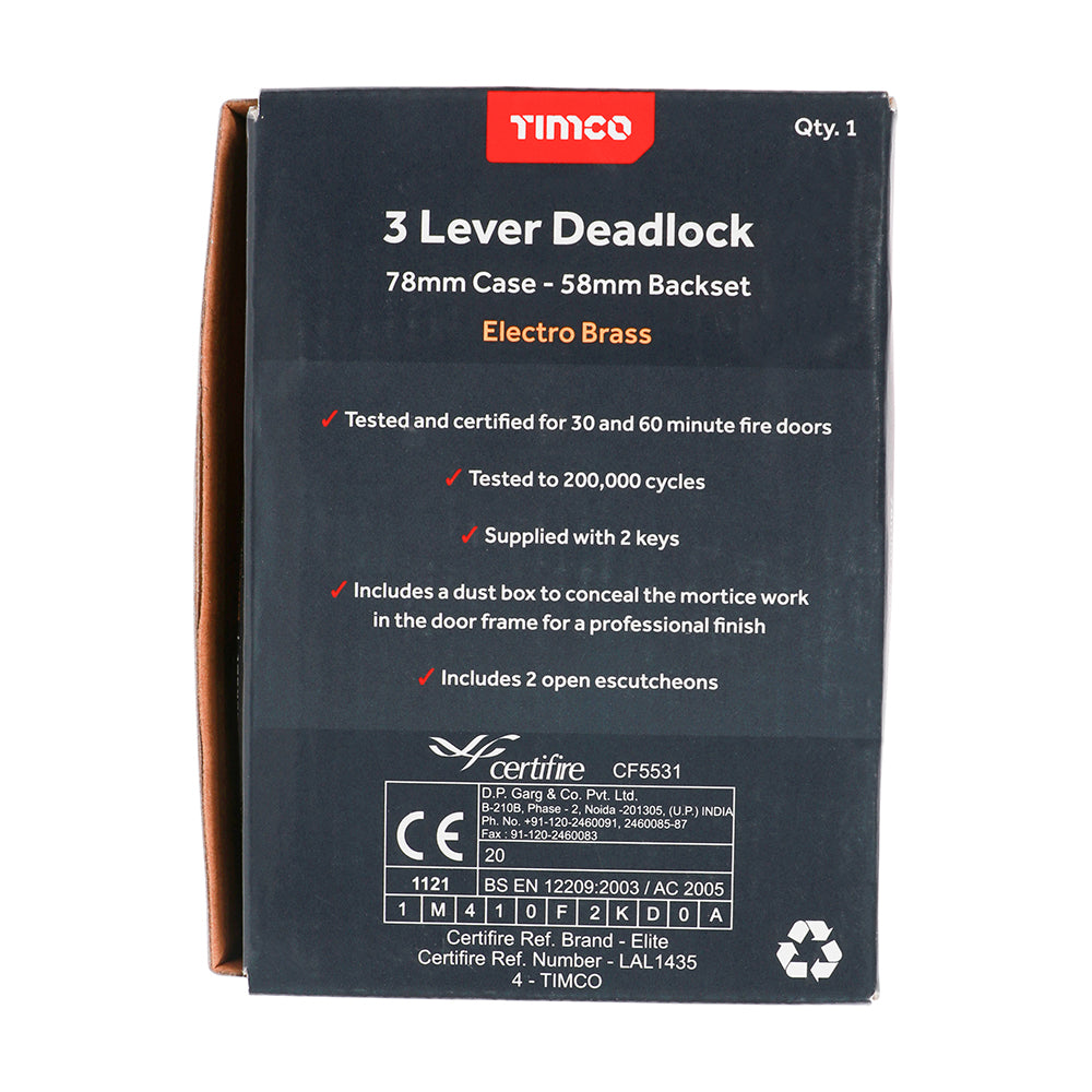 This is an image showing TIMCO 3 Lever Deadlock - Electro Brass - 78 case / 58 backset - 1 Each Box available from T.H Wiggans Ironmongery in Kendal, quick delivery at discounted prices.