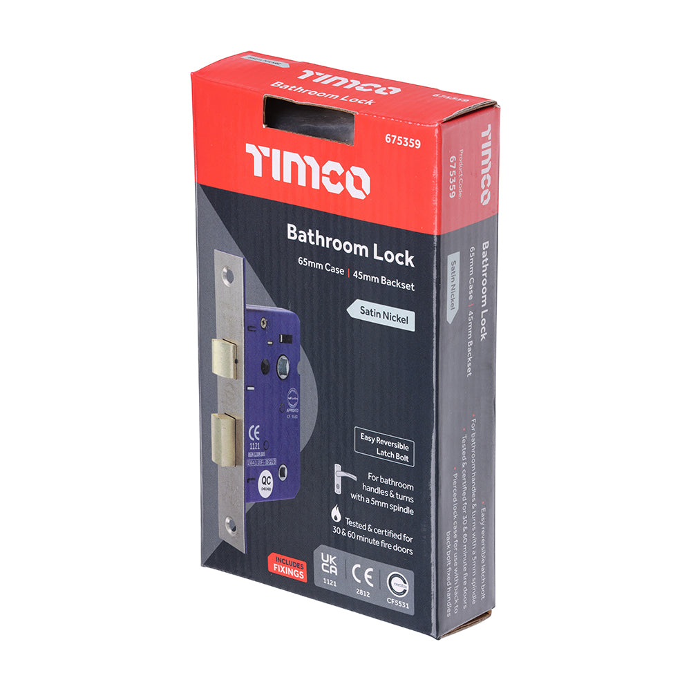 This is an image showing TIMCO Bathroom Lock - Satin Nickel - 65mm - 1 Each Box available from T.H Wiggans Ironmongery in Kendal, quick delivery at discounted prices.