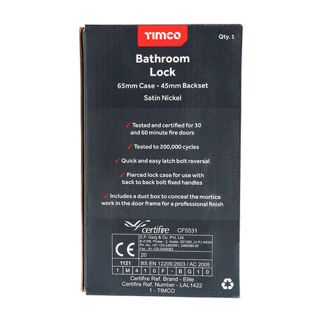 This is an image showing TIMCO Bathroom Lock - Satin Nickel - 65mm - 1 Each Box available from T.H Wiggans Ironmongery in Kendal, quick delivery at discounted prices.