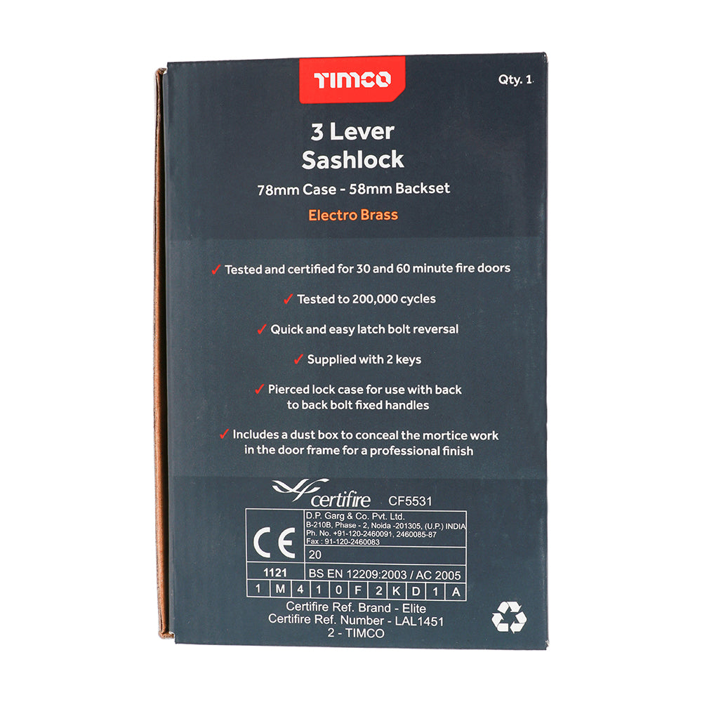 This is an image showing TIMCO 3 Lever Sashlock - Electro Brass - 78 case / 58 backset - 1 Each Box available from T.H Wiggans Ironmongery in Kendal, quick delivery at discounted prices.