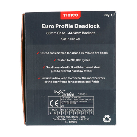 This is an image showing TIMCO Euro Deadlock - Satin Nickel - 66 case / 45 backset - 1 Each Box available from T.H Wiggans Ironmongery in Kendal, quick delivery at discounted prices.