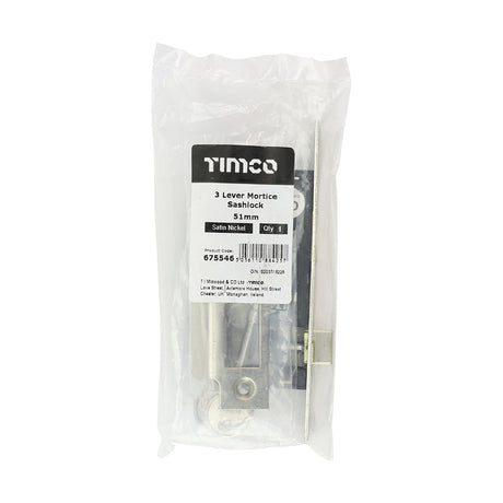 This is an image showing TIMCO 3 Lever Sashlock - Satin Nickel - 51 case / 31 backset - 1 Each Bag available from T.H Wiggans Ironmongery in Kendal, quick delivery at discounted prices.