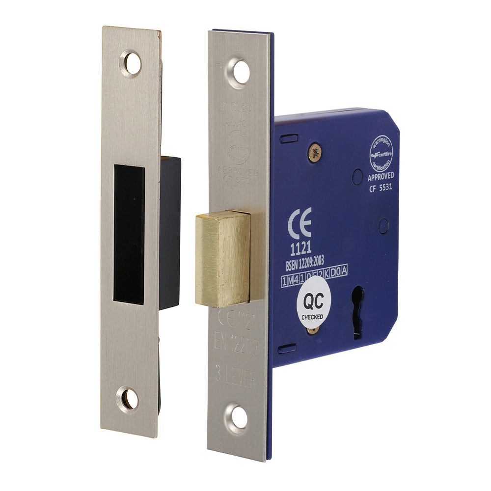 This is an image showing TIMCO 3 Lever Deadlock - Satin Nickel - 65 case / 45 backset - 1 Each Box available from T.H Wiggans Ironmongery in Kendal, quick delivery at discounted prices.