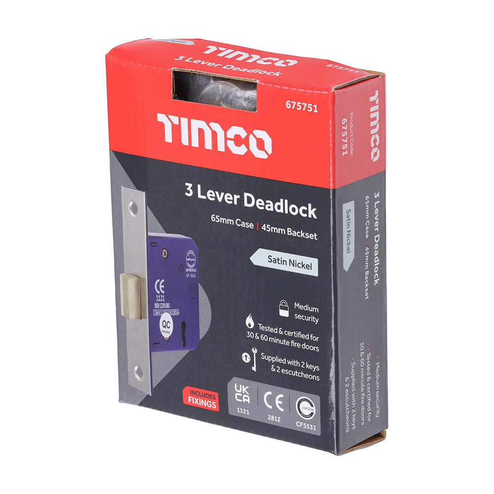 This is an image showing TIMCO 3 Lever Deadlock - Satin Nickel - 65 case / 45 backset - 1 Each Box available from T.H Wiggans Ironmongery in Kendal, quick delivery at discounted prices.