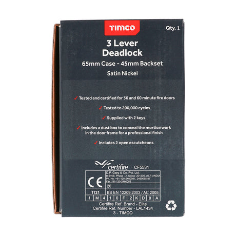 This is an image showing TIMCO 3 Lever Deadlock - Satin Nickel - 65 case / 45 backset - 1 Each Box available from T.H Wiggans Ironmongery in Kendal, quick delivery at discounted prices.