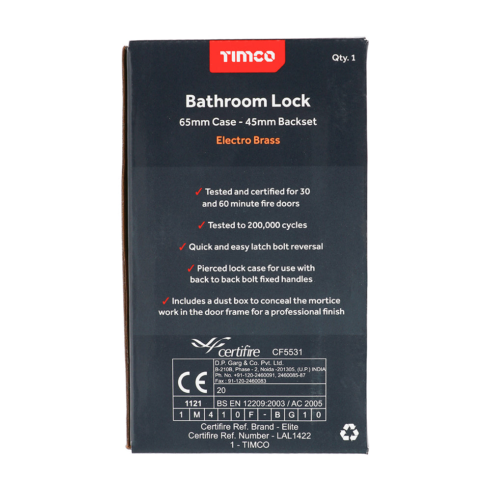 This is an image showing TIMCO Bathroom Lock - Electro Brass - 65mm - 1 Each Box available from T.H Wiggans Ironmongery in Kendal, quick delivery at discounted prices.