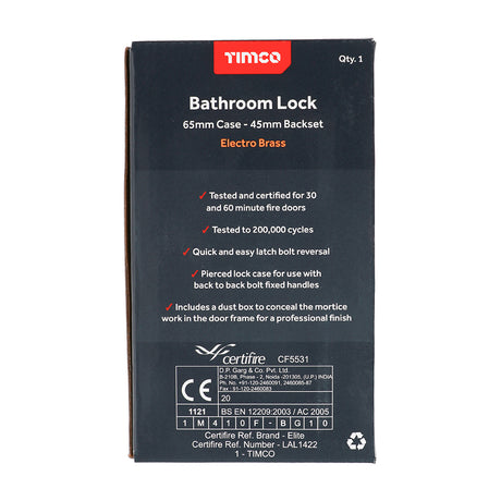 This is an image showing TIMCO Bathroom Lock - Electro Brass - 65mm - 1 Each Box available from T.H Wiggans Ironmongery in Kendal, quick delivery at discounted prices.