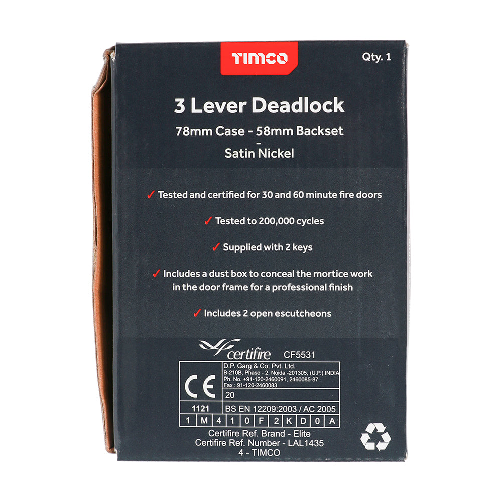 This is an image showing TIMCO 3 Lever Deadlock - Satin Nickel - 78 case / 58 backset - 1 Each Box available from T.H Wiggans Ironmongery in Kendal, quick delivery at discounted prices.