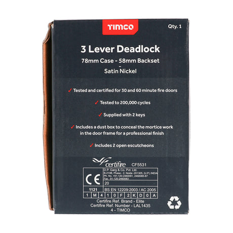 This is an image showing TIMCO 3 Lever Deadlock - Satin Nickel - 78 case / 58 backset - 1 Each Box available from T.H Wiggans Ironmongery in Kendal, quick delivery at discounted prices.