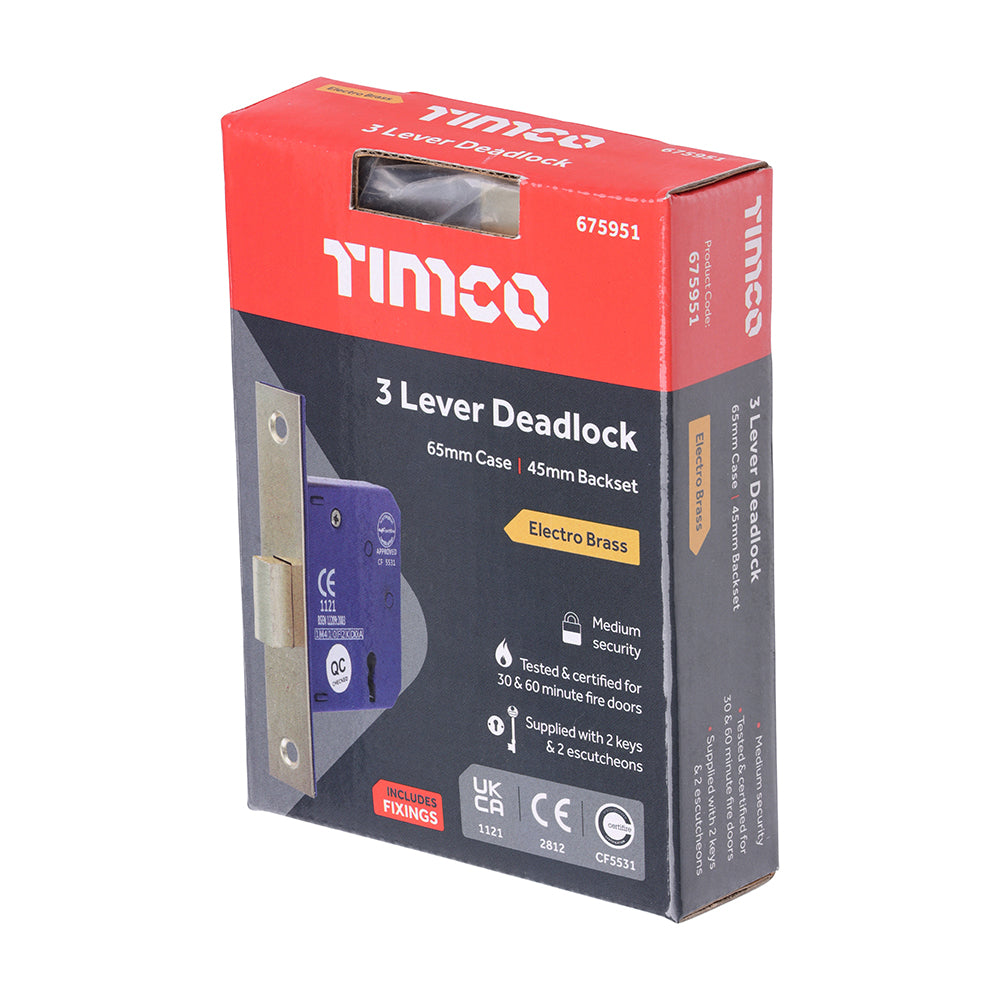 This is an image showing TIMCO 3 Lever Deadlock - Electro Brass - 65 case / 45 backset - 1 Each Box available from T.H Wiggans Ironmongery in Kendal, quick delivery at discounted prices.