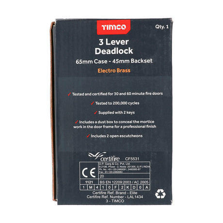 This is an image showing TIMCO 3 Lever Deadlock - Electro Brass - 65 case / 45 backset - 1 Each Box available from T.H Wiggans Ironmongery in Kendal, quick delivery at discounted prices.