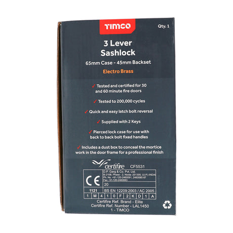 This is an image showing TIMCO 3 Lever Sashlock - Electro Brass - 65 case / 45 backset - 1 Each Box available from T.H Wiggans Ironmongery in Kendal, quick delivery at discounted prices.