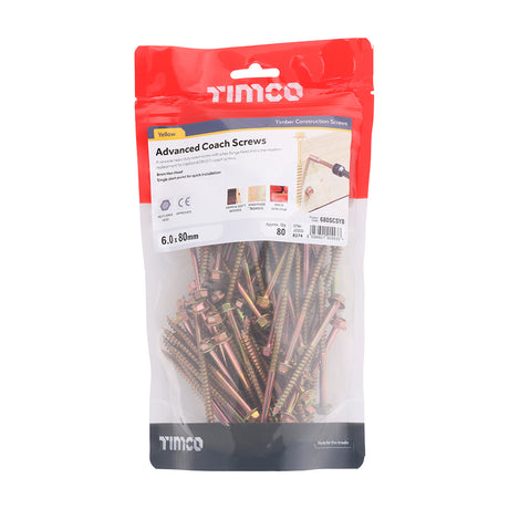 This is an image showing TIMCO Advanced Coach Screws - Hex Flange - Yellow - 6.0 x 80 - 80 Pieces TIMbag available from T.H Wiggans Ironmongery in Kendal, quick delivery at discounted prices.