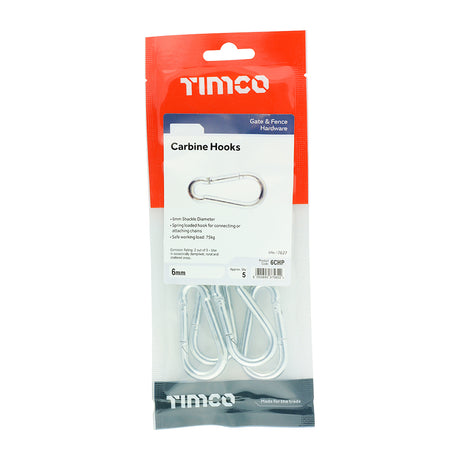 This is an image showing TIMCO Carbine Hooks - Zinc - 6mm - 5 Pieces TIMpac available from T.H Wiggans Ironmongery in Kendal, quick delivery at discounted prices.