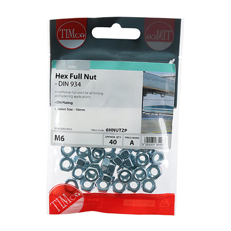 This is an image showing TIMCO Hex Full Nuts - Zinc - M6 - 40 Pieces TIMpac available from T.H Wiggans Ironmongery in Kendal, quick delivery at discounted prices.
