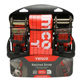 This is an image showing TIMCO Ratchet Straps - J Hook - Commercial Duty - 6m x 35mm - 2 Pieces Blister Pack available from T.H Wiggans Ironmongery in Kendal, quick delivery at discounted prices.