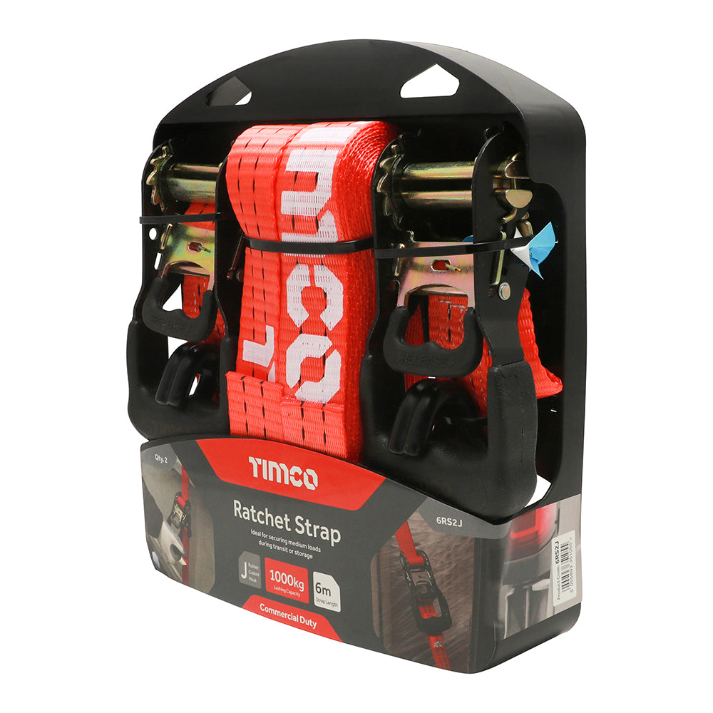 This is an image showing TIMCO Ratchet Straps - J Hook - Commercial Duty - 6m x 35mm - 2 Pieces Blister Pack available from T.H Wiggans Ironmongery in Kendal, quick delivery at discounted prices.