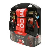 This is an image showing TIMCO Ratchet Straps - J Hook - Commercial Duty - 6m x 35mm - 2 Pieces Blister Pack available from T.H Wiggans Ironmongery in Kendal, quick delivery at discounted prices.