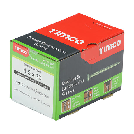 This is an image showing TIMCO Decking Screws - PZ - Double Countersunk - Exterior - Green - 4.5 x 70 - 200 Pieces Box available from T.H Wiggans Ironmongery in Kendal, quick delivery at discounted prices.