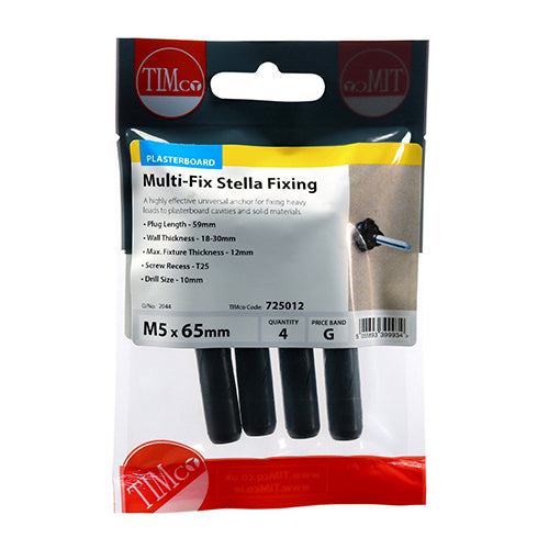 This is an image showing TIMCO Stella Fixings - TX - Pan - Black - M5 x 65 - 4 Pieces TIMpac available from T.H Wiggans Ironmongery in Kendal, quick delivery at discounted prices.